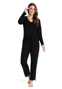 MOE - Długie Spodnie od Piżamy z Koronką - Czarne. Kolor: czarny. Materiał: koronka. Długość: długie. Wzór: koronka