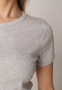 Born2be - Szary Dopasowany T-shirt z Prążkowanej Tkaniny z Bawełny Acalenos. Okazja: na co dzień. Kolor: szary. Materiał: bawełna, tkanina, prążkowany. Sezon: lato. Styl: elegancki, klasyczny, casual #5