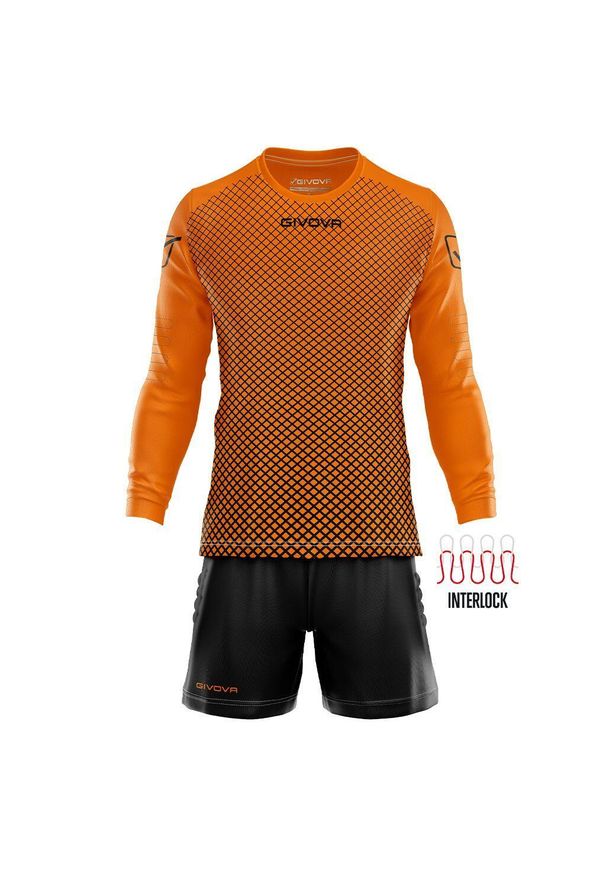 Komplet bramkarski koszulka z długim rękawem i spodenki Givova Manchester. Kolor: czarny, wielokolorowy, pomarańczowy. Materiał: poliester, dresówka. Długość: długie. Wzór: nadruk. Styl: sportowy. Sport: piłka nożna