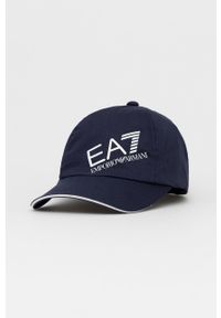EA7 Emporio Armani czapka bawełniana kolor granatowy z aplikacją. Kolor: niebieski. Materiał: bawełna. Wzór: aplikacja