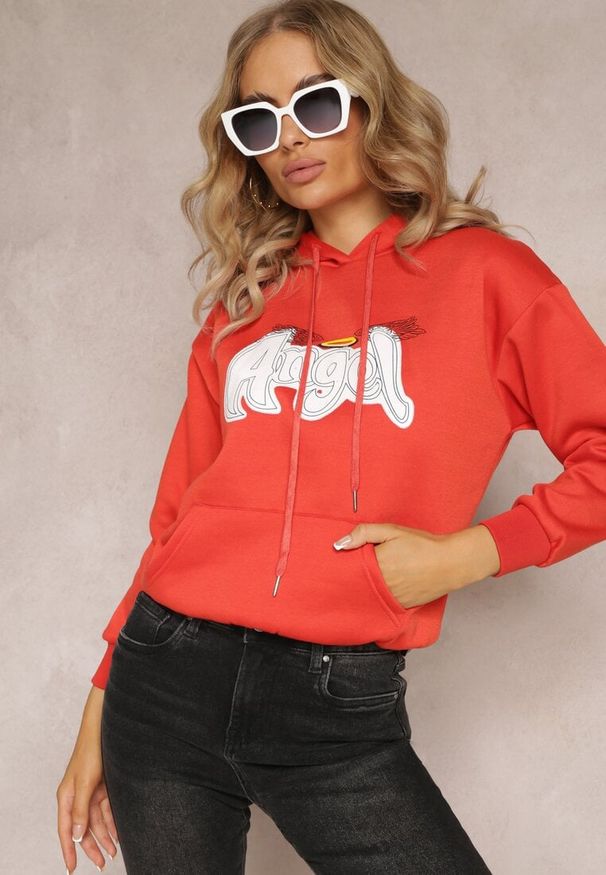 Renee - Pomarańczowa Ocieplona Bluza Kangurka z Nadrukiem Pralle. Okazja: na co dzień. Typ kołnierza: kaptur. Kolor: pomarańczowy. Wzór: nadruk. Styl: casual