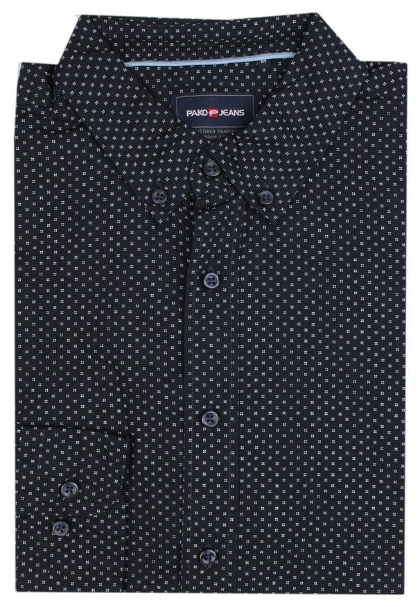 Delikatnie Taliowana Koszula Weekendowa - Pako Jeans - Granatowa w Groszki. Okazja: na co dzień. Kolor: niebieski. Materiał: bawełna. Wzór: grochy. Styl: casual
