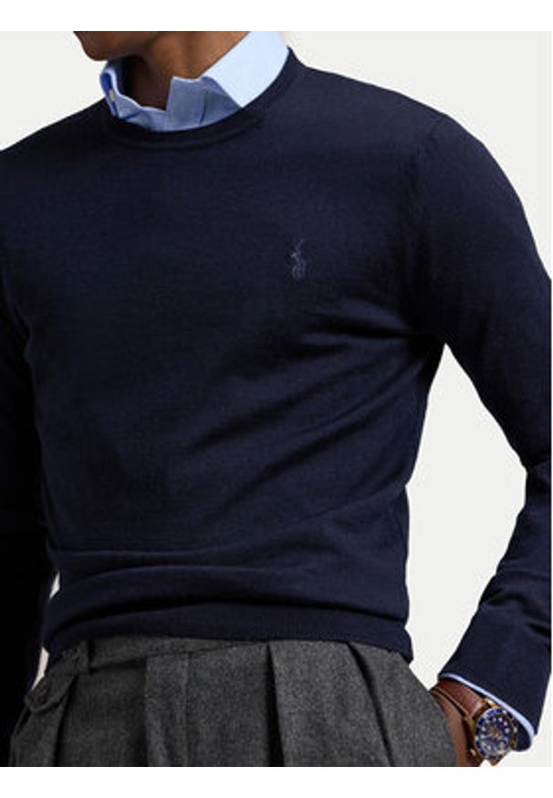 Polo Ralph Lauren Sweter 710946143001 Granatowy Slim Fit. Typ kołnierza: polo. Kolor: niebieski. Materiał: wełna