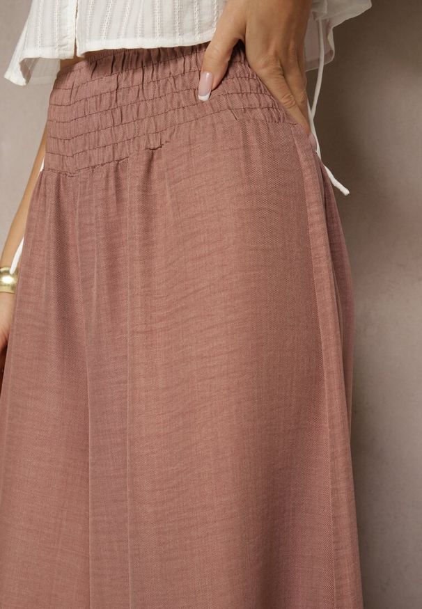 Renee - Brązowe Szerokie Spodnie High Waist z Elastycznymi Gumkami w Talii Varbia. Okazja: na co dzień. Stan: podwyższony. Kolor: brązowy. Styl: casual, elegancki