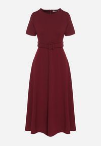 Born2be - Bordowa Rozkloszowana Sukienka Ozdobiona Paskiem Desianna. Okazja: na co dzień. Kolor: czerwony. Wzór: aplikacja. Styl: klasyczny, casual, elegancki #6
