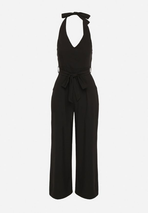 Born2be - Czarny Taliowany Kombinezon z Paskiem Wiązaniem i Odkrytymi Plecami Malurea. Okazja: na co dzień, na imprezę. Kolor: czarny. Materiał: jeans. Sezon: lato. Styl: casual
