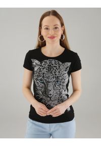 Unisono - CZARNY T-SHIRT Z BAWEŁNY. Kolor: czarny. Materiał: bawełna. Długość rękawa: krótki rękaw. Długość: krótkie. Wzór: nadruk