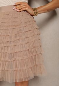Renee - Beżowa Spódnica Rozkloszowana z Siateczkowym Materiałem Gleoia. Kolor: beżowy. Materiał: materiał #2