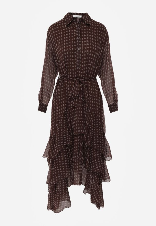 Born2be - Brązowa Koszulowa Sukienka z Dłuższym Tyłem i Falbanami Savandra. Okazja: na co dzień. Kolor: brązowy. Materiał: poliester. Typ sukienki: koszulowe. Styl: casual