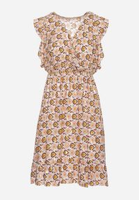 Born2be - Brązowo-Beżowa Sukienka Mini z Wiskozy w Mozaikowy Wzór z Gumką w Pasie Lariaa. Kolor: brązowy. Materiał: wiskoza. Sezon: lato. Długość: mini #3