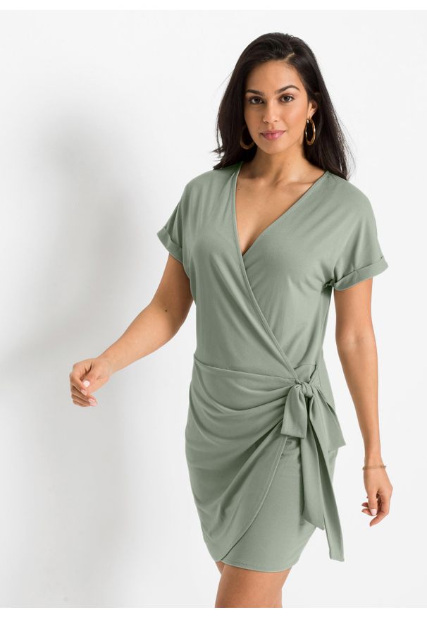 bonprix - Sukienka z założeniem kopertowym. Kolor: zielony. Długość rękawa: krótki rękaw. Typ sukienki: kopertowe
