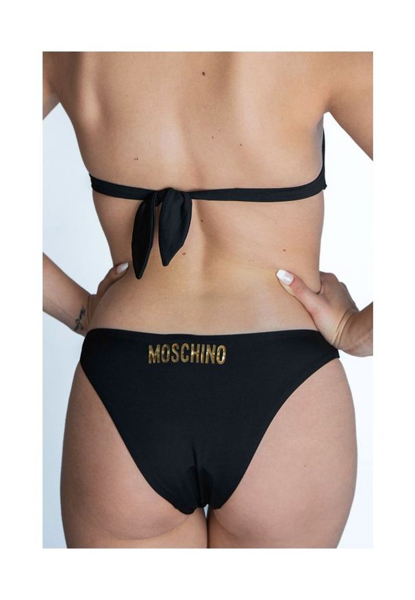 MOSCHINO SWIM Dół od bikini ze złotym metalowym logo, Rozmiar M. Kolor: czarny. Materiał: materiał, poliamid. Wzór: nadruk, gładki