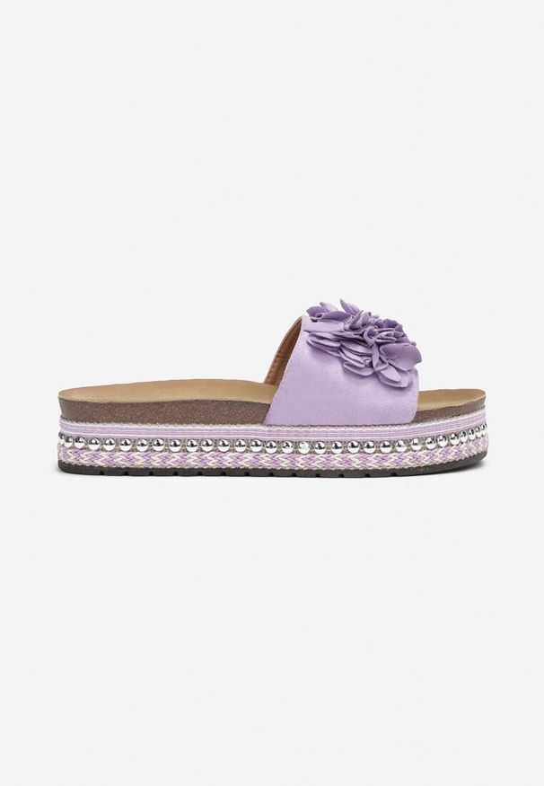 Born2be - Fioletowe Klapki Phinelaia. Okazja: na co dzień. Kolor: fioletowy. Materiał: zamsz. Wzór: aplikacja. Sezon: lato. Styl: casual