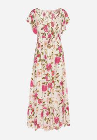 Born2be - Jasnobeżowa Rozkloszowana Sukienka Maxi z Wiskozy w Kwiatowy Print Unadis. Kolor: beżowy. Materiał: wiskoza. Wzór: kwiaty, nadruk. Sezon: lato. Długość: maxi #3