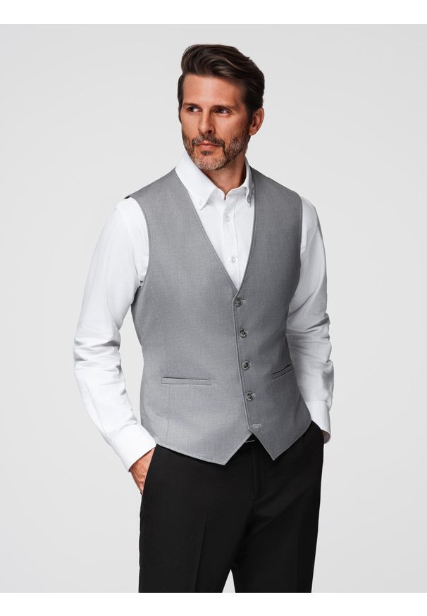 Ombre Clothing - Dopasowana męska kamizelka z rayonem i marmurkowymi guzikami – szara V3. Kolor: szary. Materiał: tkanina, poliester. Wzór: jednolity, gładki. Styl: elegancki