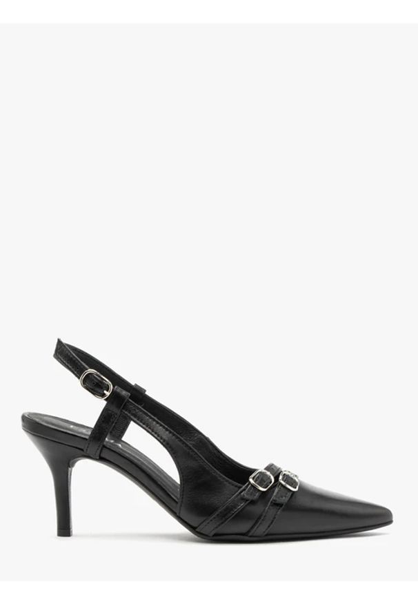 Ryłko - Czółenka slingback z dekoracyjnymi paskami. Zapięcie: pasek. Kolor: czarny. Materiał: skóra. Szerokość cholewki: normalna. Obcas: na obcasie. Styl: street. Wysokość obcasa: średni
