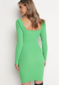 Born2be - Zielona Sukienka Mini z Prążkowanego Materiału z Wycięciem i Wiązaniem Cerdosja. Kolor: zielony. Materiał: materiał, prążkowany. Długość: mini #4