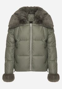 Born2be - Zielona Pikowana Kurtka z Szerokim Kołnierzem z Futerkiem Galerra. Okazja: na spacer, na co dzień. Kolor: zielony. Materiał: futro. Sezon: zima. Styl: elegancki, casual