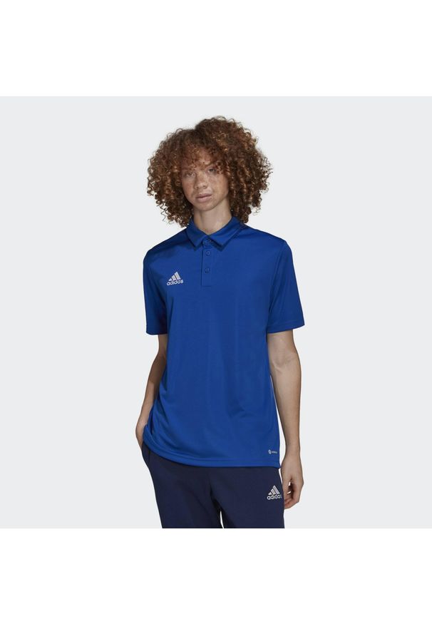 Koszulka polo do piłki nożnej męska Adidas Entrada 22 Polo z krótkim rękawem. Typ kołnierza: polo. Kolor: niebieski. Długość rękawa: krótki rękaw. Długość: krótkie. Sport: piłka nożna, fitness