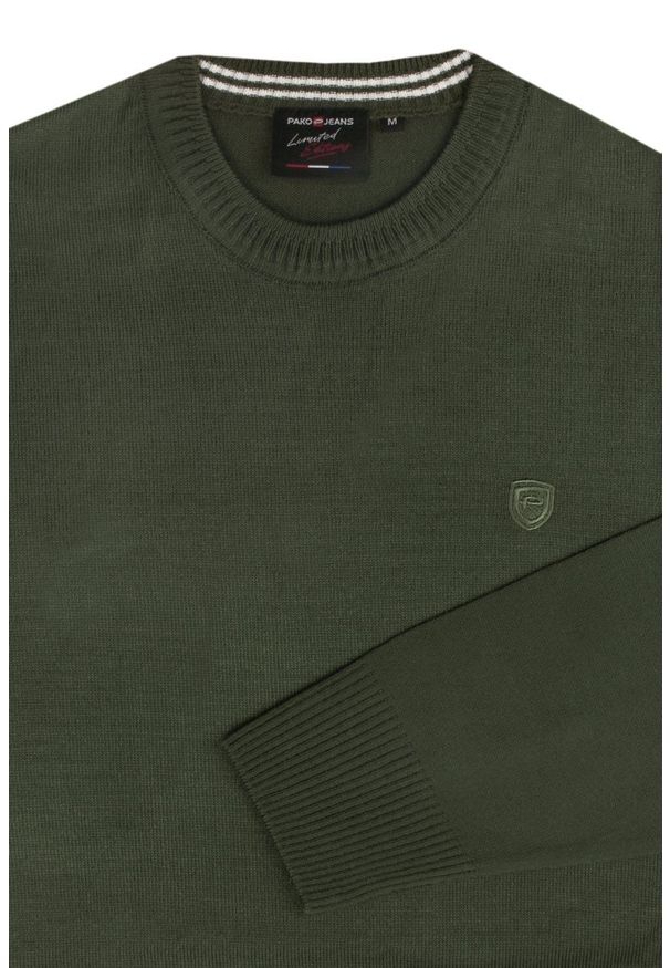 Klasyczny Wełniany Sweter, Okrągły Dekolt (U-Neck) - Pako Jeans - Oliwkowy. Okazja: na spotkanie biznesowe, do pracy. Kolor: oliwkowy. Materiał: akryl, wełna. Styl: klasyczny