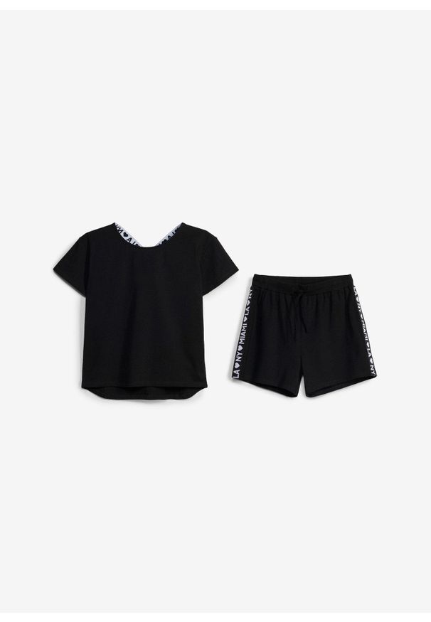 bonprix - T-shirt i szorty z mieszanki bawełny organicznej (2 części). Okazja: na co dzień. Kolor: czarny. Materiał: bawełna. Sezon: lato. Styl: casual