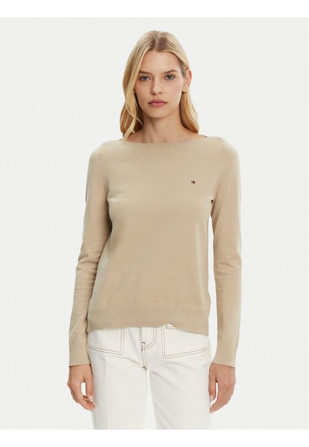 TOMMY HILFIGER - Tommy Hilfiger Sweter WW0WW40099 Beżowy Regular Fit. Kolor: beżowy. Materiał: syntetyk, bawełna
