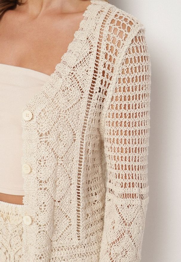 Born2be - Beżowy Ażurowy Kardigan z Bawełny Kolurelle. Okazja: na co dzień. Kolor: beżowy. Materiał: bawełna. Wzór: ażurowy. Styl: casual