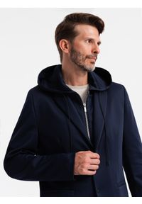 Ombre Clothing - Marynarka męska z odpinaną podpinką i kapturem – granatowa V2 - Rozmiar: XL. Okazja: do pracy, na co dzień. Typ kołnierza: kaptur. Kolor: niebieski. Materiał: poliester. Styl: wizytowy, casual, elegancki