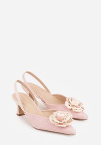 Born2be - Różowe Tweedowe Sandały na Kaczuszce z Odkrytą Piętą i Kwiatową Aplikacją Soza. Okazja: do pracy, na co dzień. Zapięcie: bez zapięcia. Kolor: różowy. Materiał: jeans. Wzór: aplikacja, kwiaty. Obcas: na szpilce. Styl: elegancki, casual #9