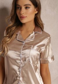 Renee - Beżowy Komplet Piżamowy Irobe. Kolor: beżowy. Materiał: satyna. Długość: krótkie. Wzór: aplikacja, gładki, jednolity #5