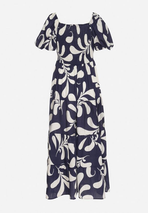 Born2be - Granatowa Rozkloszowana Sukienka z Elastyczną Górą i Bufiastymi Rękawami Orrivene. Okazja: na co dzień. Typ kołnierza: dekolt kwadratowy. Kolor: niebieski. Typ sukienki: proste. Styl: casual, elegancki