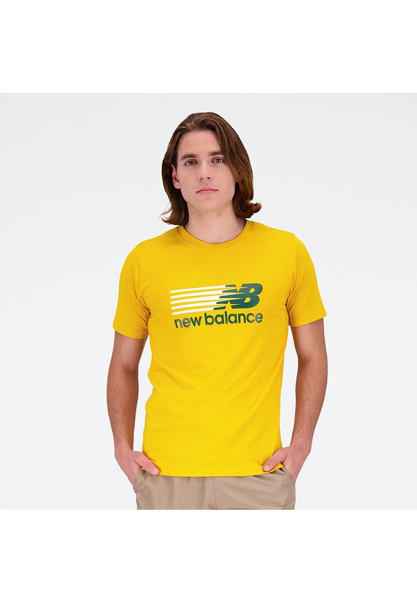 Koszulka męska New Balance MT23904VGL – żółta. Kolor: żółty. Materiał: materiał, bawełna, poliester. Wzór: napisy