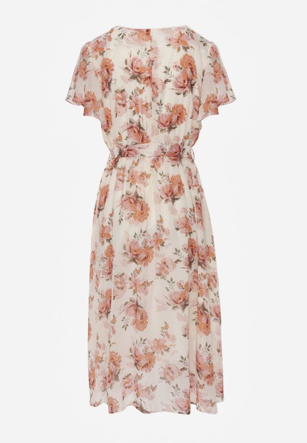 Renee - Różowa Kopertowa Sukienka z Wiązaniem w Talii Zdobiona Brokatem Plumse. Okazja: na randkę. Kolor: różowy. Wzór: aplikacja. Sezon: lato. Typ sukienki: kopertowe. Styl: glamour