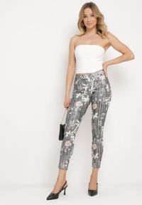Born2be - Szare Spodnie Skinny z Ozdobnym Kwiatowym Wzorem Lakardi. Okazja: na co dzień. Kolor: szary. Materiał: bawełna. Wzór: kwiaty. Styl: casual, elegancki #5