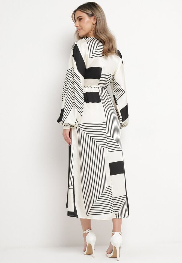Born2be - Beżowo-Czarna Sukienka Kopertowa Kimono z Geometrycznym Wzorem i Wiązanym Paskiem Klerossa. Kolor: beżowy. Materiał: materiał. Długość rękawa: długi rękaw. Wzór: geometria. Typ sukienki: kopertowe