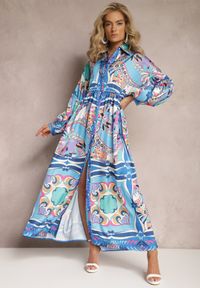 Renee - Niebieska Sukienka Maxi Oversize w Kolorowy Ornamentalny Wzór Stama. Kolor: niebieski. Długość rękawa: długi rękaw. Wzór: kolorowy. Typ sukienki: oversize. Długość: maxi #5