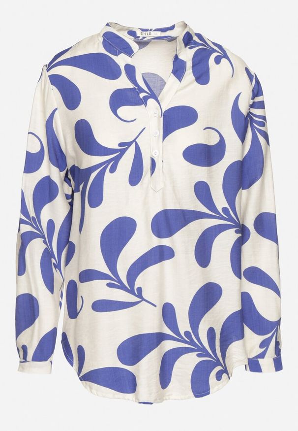 Born2be - Niebiesko-Biała Koszulowa Bluzka z Wiskozy w Roślinny Wzór z Dekoltem w Serek Koladoretia. Typ kołnierza: dekolt w serek. Kolor: niebieski. Materiał: wiskoza. Długość rękawa: długi rękaw. Długość: długie. Styl: elegancki