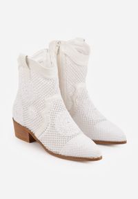 Born2be - Białe Ażurowe Botki Kowbojki z Haftem na Niskim Obcasie Typu Stożek Bertolina. Okazja: na co dzień. Kolor: biały. Materiał: jeans. Wzór: ażurowy, haft. Obcas: na obcasie. Styl: casual, klasyczny, wizytowy. Wysokość obcasa: niski #6