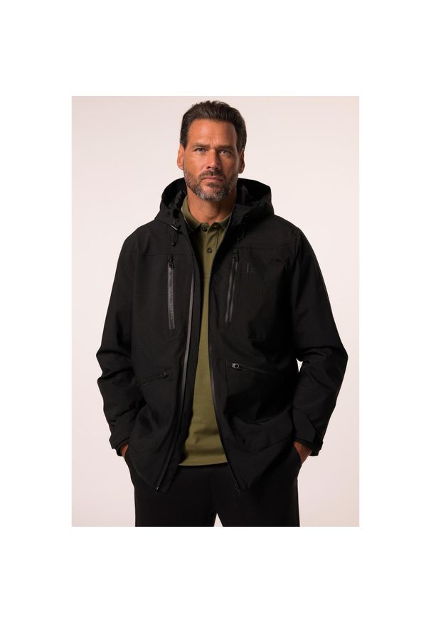 JAY-PI - Męska Kurtka funkcjonalna outdoorowa kaptur bloki kolorów wiele kieszeni. Kolekcja: plus size. Kolor: czarny. Materiał: poliester, materiał. Sport: turystyka piesza