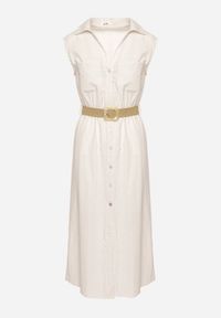 Born2be - Beżowa Bawełniana Sukienka Koszulowa z Gumką w Talii i Paskiem z Klamrą Xalorea. Kolor: beżowy. Materiał: bawełna. Wzór: paski. Typ sukienki: koszulowe #3