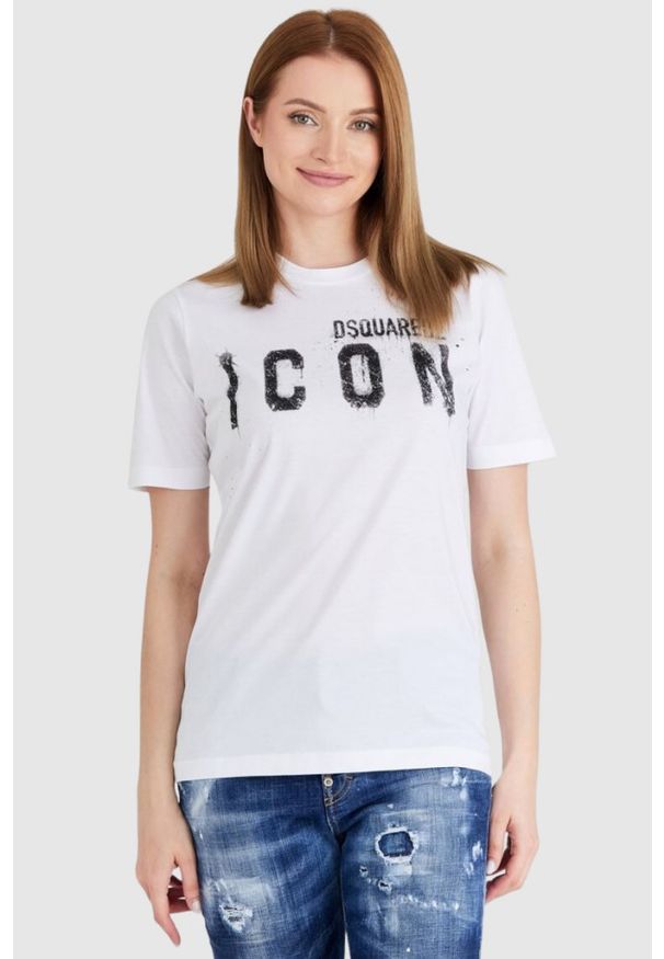 DSQUARED2 Biały t-shirt damski icon spray, Rozmiar M. Kolor: biały. Materiał: prążkowany, bawełna. Wzór: nadruk