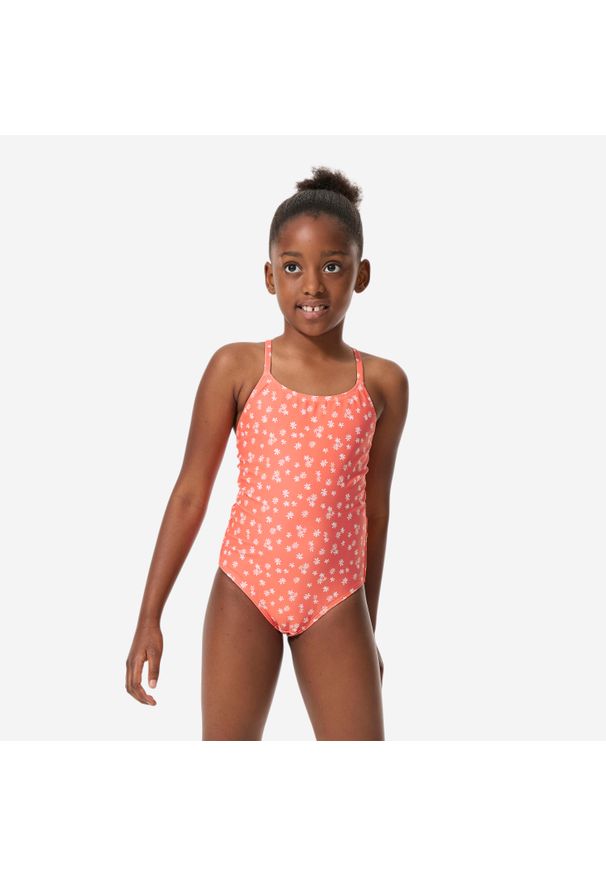 Strój jednoczęściowy pływacki dla dzieci Decathlon Lila Daisy. Kolor: pomarańczowy. Materiał: poliester, elastan, materiał. Wzór: kolorowy