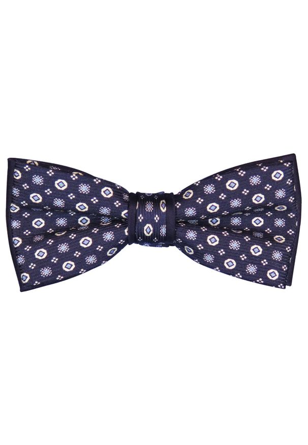 Modini - Granatowa mucha biały wzór jedwabna W24. Kolor: biały, wielokolorowy, niebieski. Materiał: jedwab. Styl: elegancki