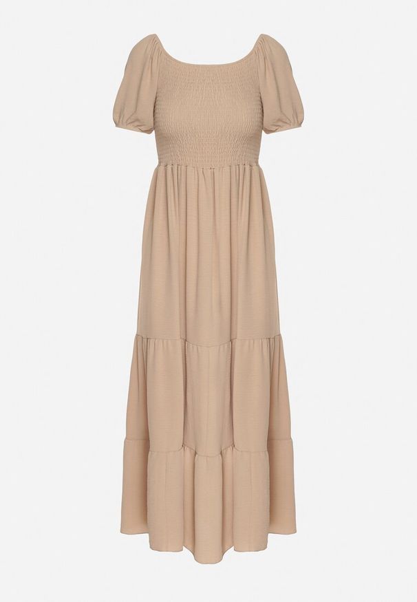 Born2be - Beżowa Rozkloszowana Sukienka z Dekoltem Typu Hiszpanka z Marszczeniem Lumorice. Okazja: na co dzień. Typ kołnierza: dekolt hiszpanka. Kolor: beżowy. Styl: casual, elegancki