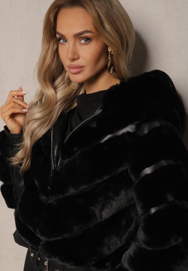 Renee - Czarna Kurtka z Ekoskóry i Futerka z Regulowanym Paskiem i Kapturem Kikitha. Okazja: na co dzień. Kolor: czarny. Materiał: futro. Styl: casual