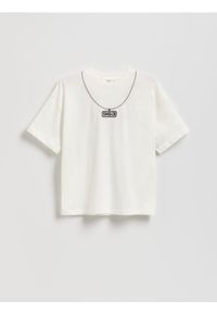 Reserved - T-shirt z nadrukiem - biały. Kolor: biały. Materiał: bawełna, dzianina. Wzór: nadruk