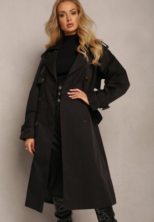 Renee - Czarny Płaszcz Trencz Dwurzędowy z Paskiem Lene. Okazja: na co dzień. Kolor: czarny. Materiał: jeans. Styl: klasyczny, casual