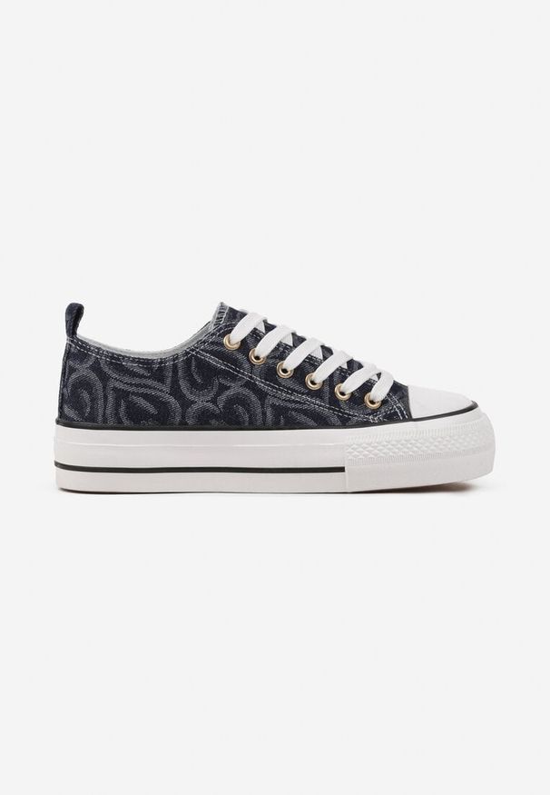 Born2be - Granatowe Trampki na Grubej Podeszwie Zdobione Printem w Serca Gonarelle. Okazja: na co dzień. Kolor: niebieski. Materiał: skóra, jeans. Wzór: nadruk, aplikacja. Obcas: na obcasie. Styl: elegancki, casual. Wysokość obcasa: niski