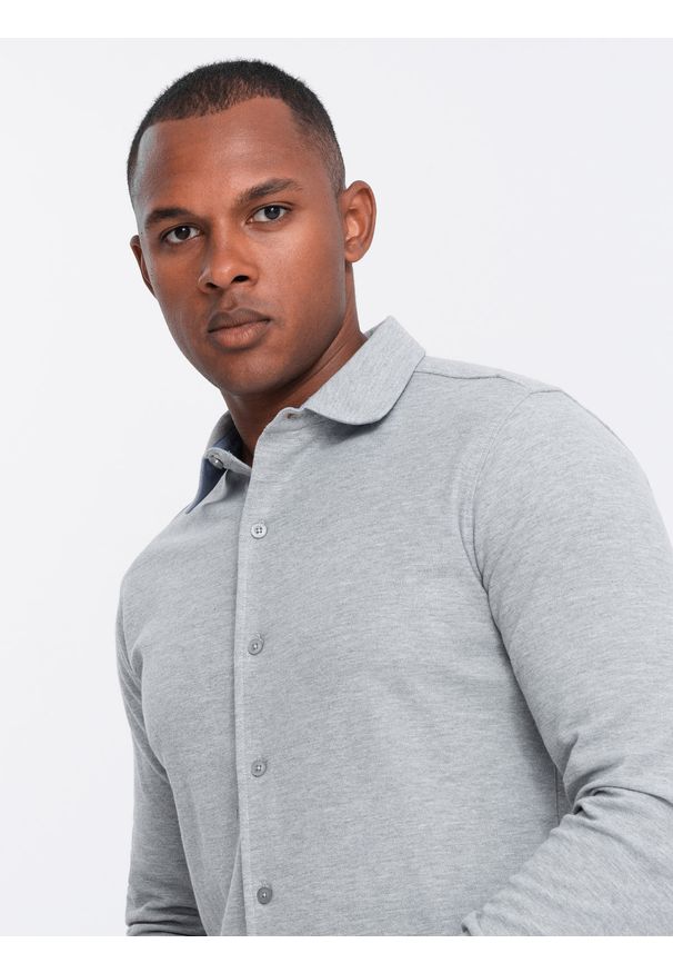 Ombre Clothing - Męska koszula dzianinowa SLIM FIT z długim rękawem – szara V5 - Rozmiar: M. Kolor: czarny. Materiał: dzianina. Długość rękawa: długi rękaw. Długość: długie