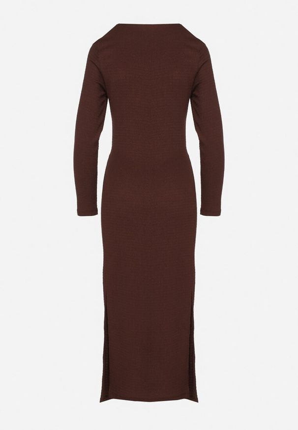 Born2be - Brązowa Taliowana Sukienka z Ozdobnym Wiązaniem i Rozcięciami Esilda. Okazja: na co dzień, na spotkanie biznesowe. Kolor: brązowy. Styl: casual, elegancki, biznesowy, klasyczny